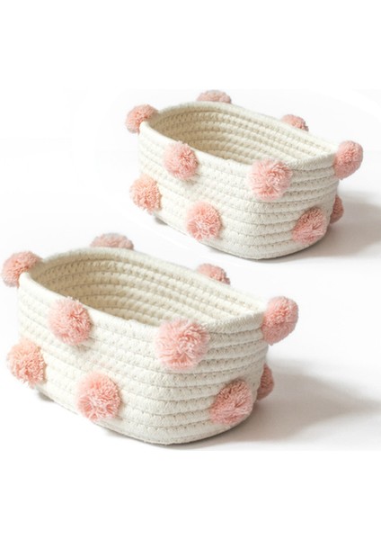 2x Pamuk Dokuma Depolama Sepeti Sevimli Ponpon Dekor Çeşitli Eşyalar Bitirme Kutusu Iskandinav Kozmetik Oyuncaklar Organizatör Çerçeve Pembe S (Yurt Dışından)