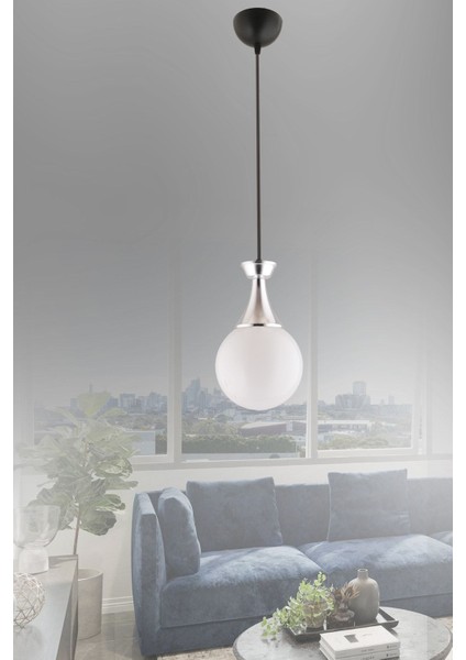 Minel Tekli Siyaha Krom Detaylı Glop Cam Avize