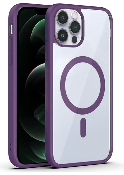 Apple iPhone 12 Pro Kapak ile Uyumlu Magsafe Wireless Şarj Özellikli Tam Koruma Sert Kılıf - Mor
