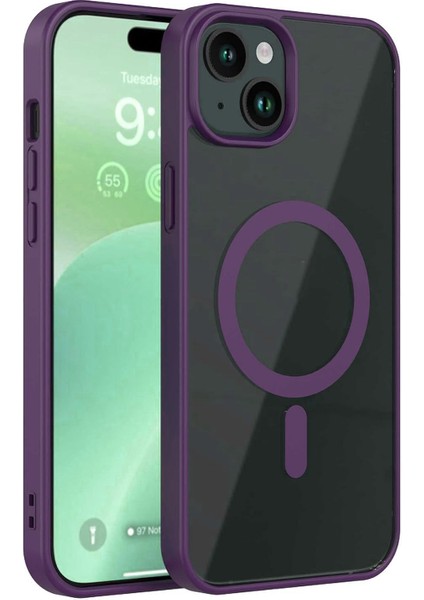 Apple iPhone 15 Kapak ile Uyumlu Magsafe Wireless Şarj Özellikli Tam Koruma Sert Kılıf - Mor