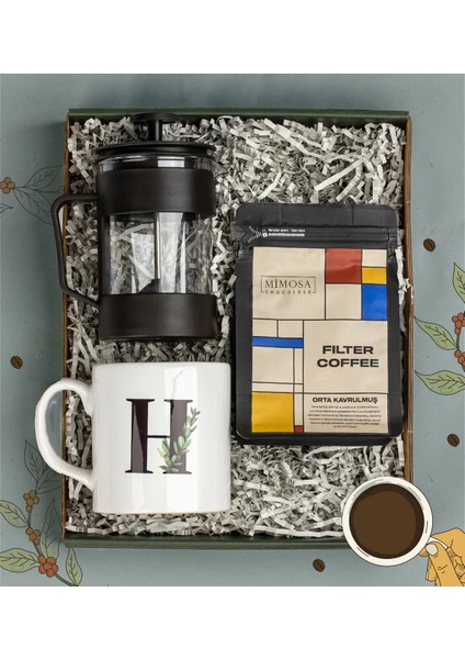 Kişiye Özel Kahve Keyfi Hediye Seti- French Press- Mimosa Filtre Kahve 50 Gr- Beyaz Baskılı Seramik Kupa