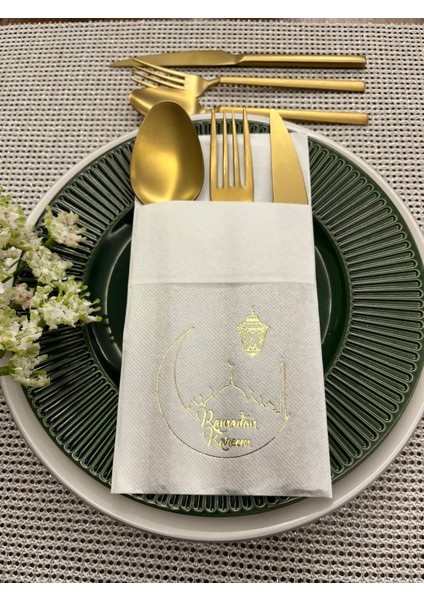 Gold Yaldızlı Ramadan Kareem Yeni Ay Desenli 12 Li Beyaz Renkli Kağıt Cepli Peçete