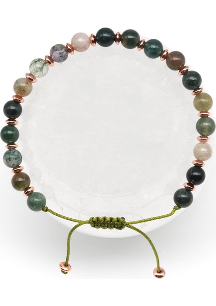 Yosun Akik Doğal Taş Makrome Örme Bileklik Küre Kesim