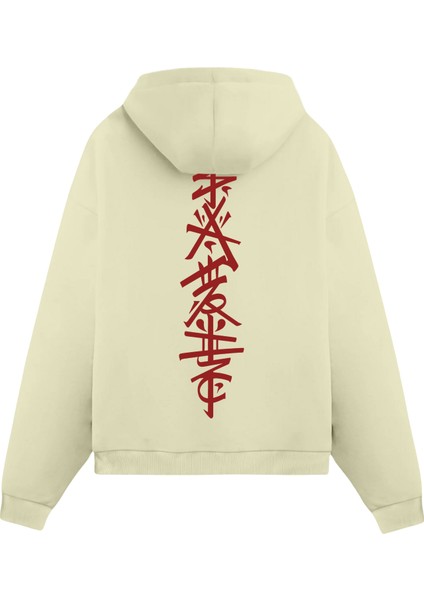 Krem Unisex Oversize Fit Pamuklu Kapüşonlu Sweatshirt
