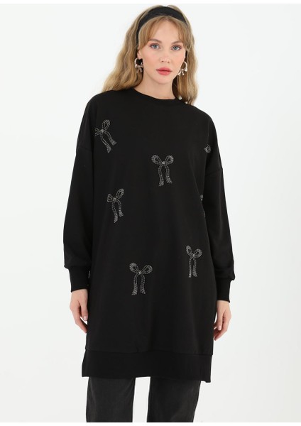10593 Puane Iki Iplik Kumaş Taş Baskılı Sweatshirt