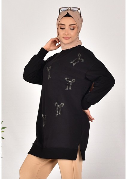 10593 Puane Iki Iplik Kumaş Taş Baskılı Sweatshirt fırsatları