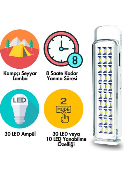 30 Ledli Solar Işıldak, 6500 Kelvin Beyaz Işık, Şarj Edilebilir 2000mAh Batarya, Taşınabilir ve Asılabilir Kampçı Lambası - 206489