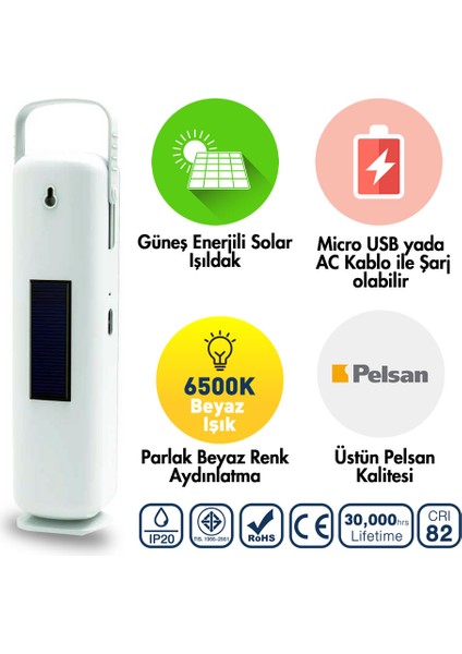 30 Ledli Solar Işıldak, 6500 Kelvin Beyaz Işık, Şarj Edilebilir 2000mAh Batarya, Taşınabilir ve Asılabilir Kampçı Lambası - 206489