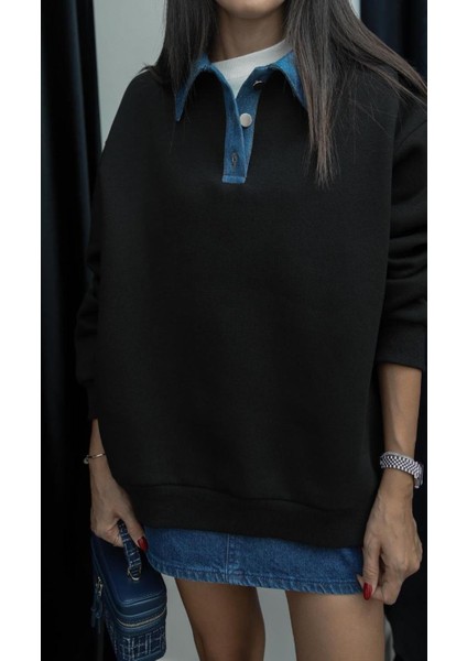 Siyah Yakası Kot Detaylı Sweatshirt