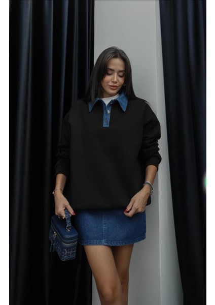 Siyah Yakası Kot Detaylı Sweatshirt fırsatları