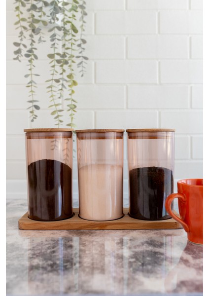Ahşap Kapaklı 3'lü Standlı ve Vakumlu Çay, Kahve, Şeker, Bakliyat Kavanoz Seti Mika 1 Lt Pembe