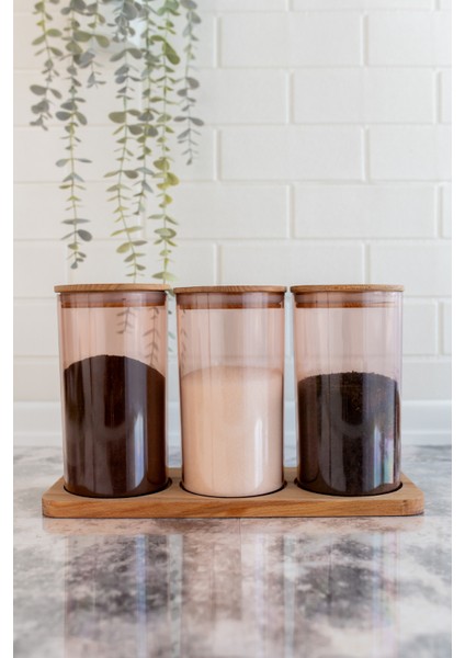 Ahşap Kapaklı 3'lü Standlı ve Vakumlu Çay, Kahve, Şeker, Bakliyat Kavanoz Seti Mika 1 Lt Pembe fırsatları