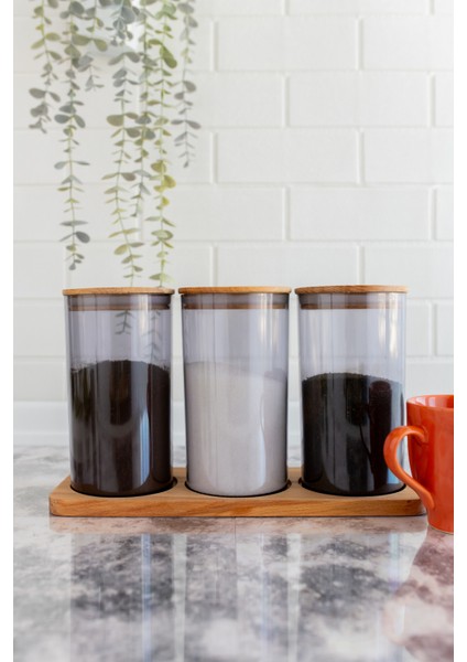 Doğal Ahşap Kapaklı 3'lü Antrasit Standlı ve Vakumlu Çay, Kahve, Şeker, Bakliyat Kavanoz Seti Mika 1 Lt