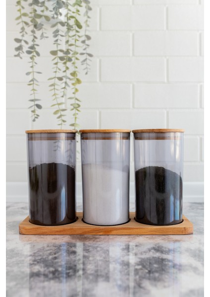 Doğal Ahşap Kapaklı 3'lü Antrasit Standlı ve Vakumlu Çay, Kahve, Şeker, Bakliyat Kavanoz Seti Mika 1 Lt