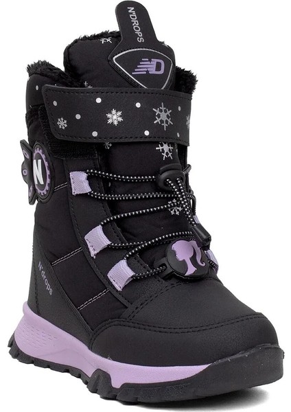 014-24 Deri Kürklü Paraşüt Kumaş Kız Çocuk Bot Siyah Lila