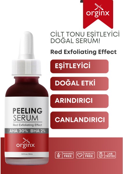 Canlandırıcı & Cilt Tonu Eşitleyici Yüz Kırmızı Peeling Serum 30 ml (Aha 10% + Bha 2%)