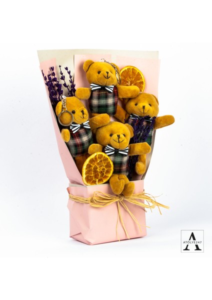 ATÖLYE247 Pembe Ekose Kıyafetli Ayıcık Buketi modelleri