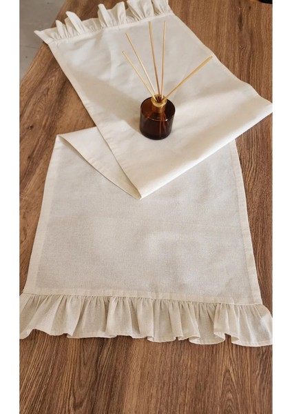Fırfırlı Keten Runner - 40 x 110 cm - Krem Fırfırlı Keten Runner