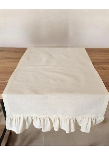 Fırfırlı Keten Runner - 40 x 110 cm - Krem Fırfırlı Keten Runner