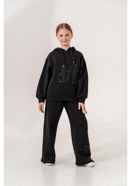 Kız Çocuk Nakışlı Kapüşonlu Üç İplik Eşofman Takımı G4710