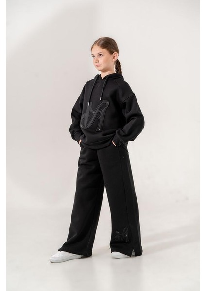 Kız Çocuk Nakışlı Kapüşonlu Üç İplik Eşofman Takımı G4710 modelleri