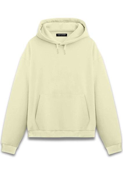 Krem Unisex Oversize Fit Pamuklu Kapüşonlu Sweatshirt