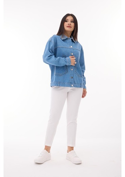 Kadın Denim Premium Monje Yaka ve Taş Detaylı Ceket