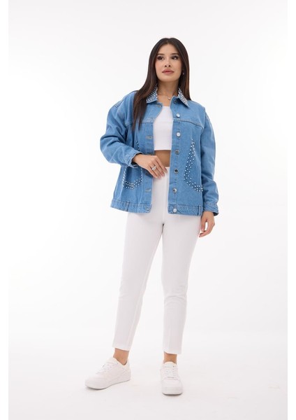 Kadın Denim Premium Monje Yaka ve Taş Detaylı Ceket fiyatları