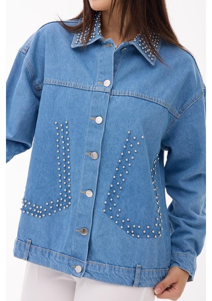 Kadın Denim Premium Monje Yaka ve Taş Detaylı Ceket modelleri