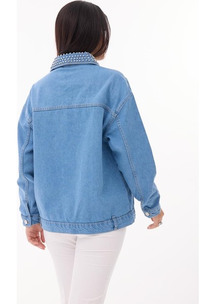 Kadın Denim Premium Monje Yaka ve Taş Detaylı Ceket fırsatları