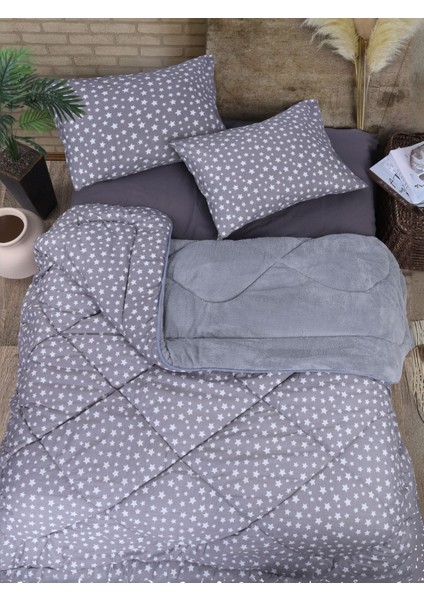 Çift Kişilik Welsof Star Desenli Gri/antrasit Yorgan Seti Battaniye - Yorgan ve Çarşaf Takımı