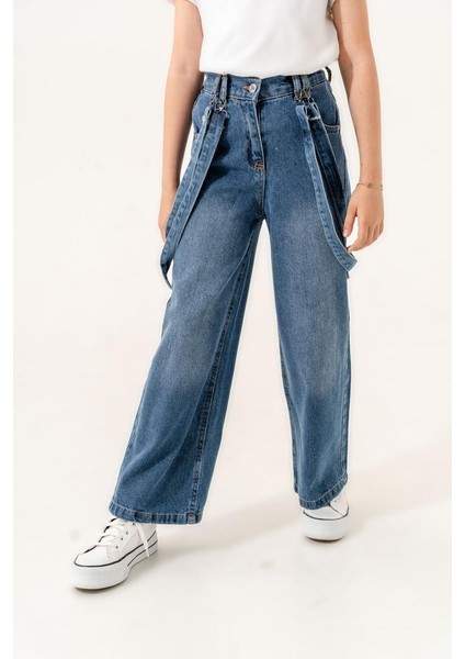 Kız Çocuk Askı Detaylı Kot Pantolon G2167