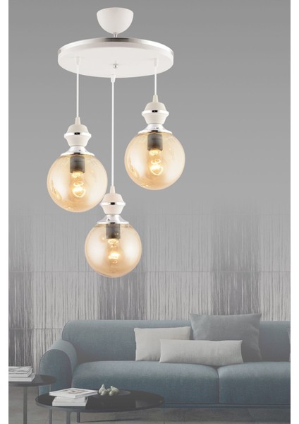 Berru 3lü Tepsi Beyaza Krom Lüks Glop Camlı Modern Avize