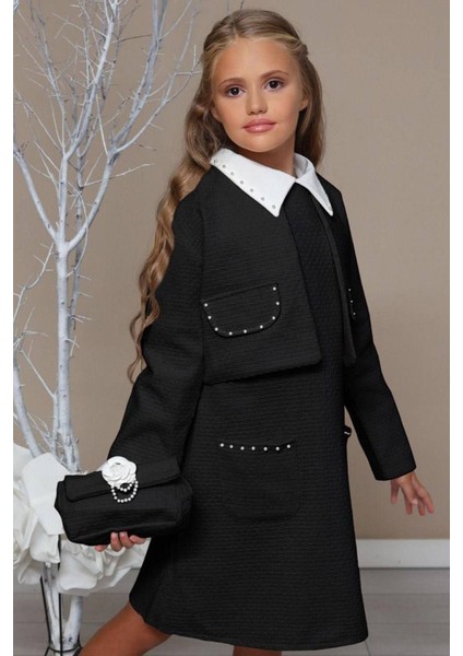 Kız Çocuk Blazer Ceketli Bebe Yaka Sıfır Kol Triko Siyah Elbise