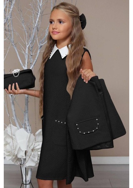 Kız Çocuk Blazer Ceketli Bebe Yaka Sıfır Kol Triko Siyah Elbise fiyatları