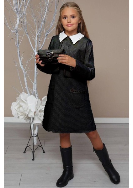 Kız Çocuk Blazer Ceketli Bebe Yaka Sıfır Kol Triko Siyah Elbise modelleri