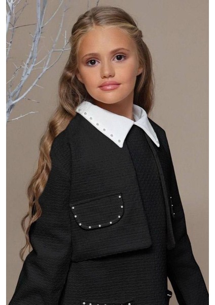 Kız Çocuk Blazer Ceketli Bebe Yaka Sıfır Kol Triko Siyah Elbise fırsatları