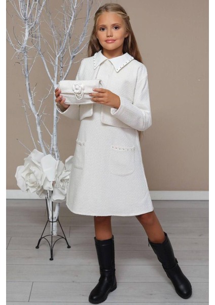 Kız Çocuk Blazer Ceketli Bebe Yaka Sıfır Kol Triko Beyaz Elbise
