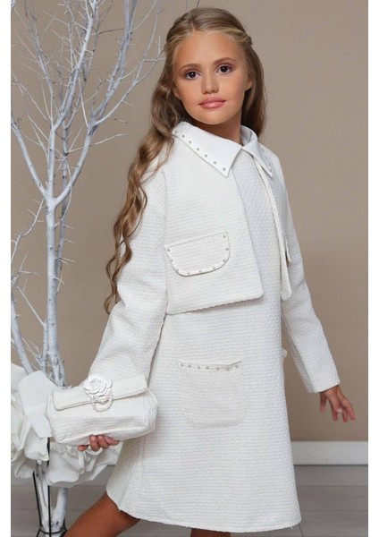 Kız Çocuk Blazer Ceketli Bebe Yaka Sıfır Kol Triko Beyaz Elbise modelleri