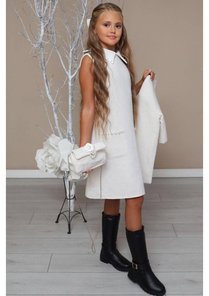 Kız Çocuk Blazer Ceketli Bebe Yaka Sıfır Kol Triko Beyaz Elbise indirimleri