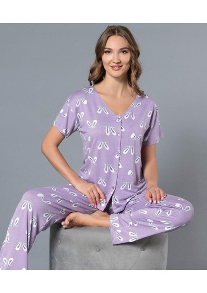 Boydan Düğmeli Gömlek Yazlık Kısa Kol Yakasız Pijama Takımı Dowry 08-117