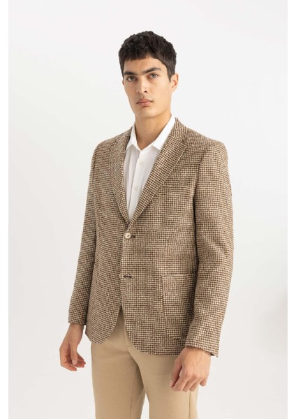 Modern Fit Ceket Yaka Desenli Düğmeli Astarlı Blazer Ceket B0070AX23WN