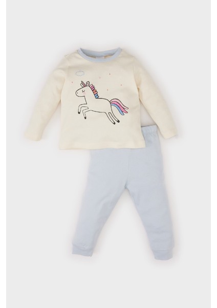 Kız Bebek Pijama Takımı Bisiklet Yaka Unicorn Baskılı Uzun Kollu Üst Beli Lastikli Uzun Alt D7170A524WN