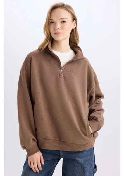 Oversize Geniş Kalıp Fermuarlı Dik Yaka Cepli Basic Düz Kalın Sweatshirt D7206AX24WN