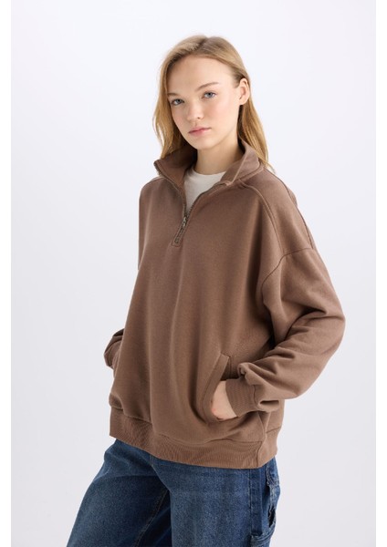 Oversize Geniş Kalıp Fermuarlı Dik Yaka Cepli Basic Düz Kalın Sweatshirt D7206AX24WN