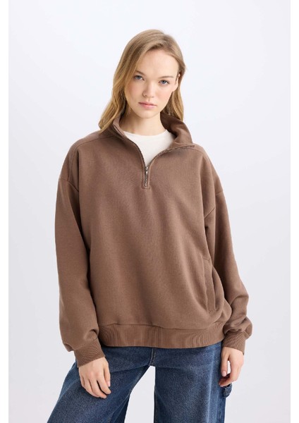 Oversize Geniş Kalıp Fermuarlı Dik Yaka Cepli Basic Düz Kalın Sweatshirt D7206AX24WN