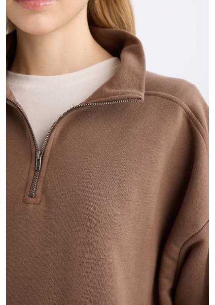 Oversize Geniş Kalıp Fermuarlı Dik Yaka Cepli Basic Düz Kalın Sweatshirt D7206AX24WN