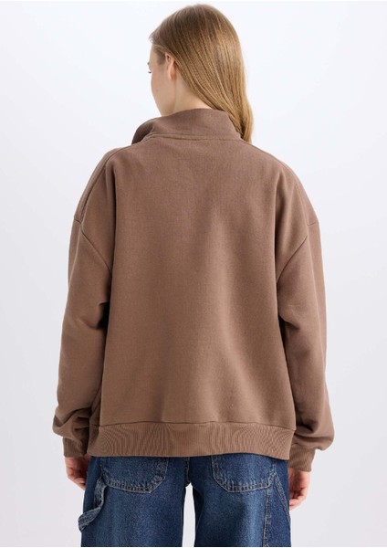 Oversize Geniş Kalıp Fermuarlı Dik Yaka Cepli Basic Düz Kalın Sweatshirt D7206AX24WN