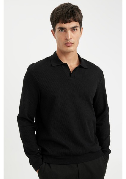 Siyah Regular Fit Polo Yaka Jakarlı Triko Sweatshirt A9785AX24AU