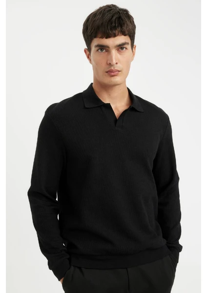 Siyah Regular Fit Polo Yaka Jakarlı Triko Sweatshirt A9785AX24AU